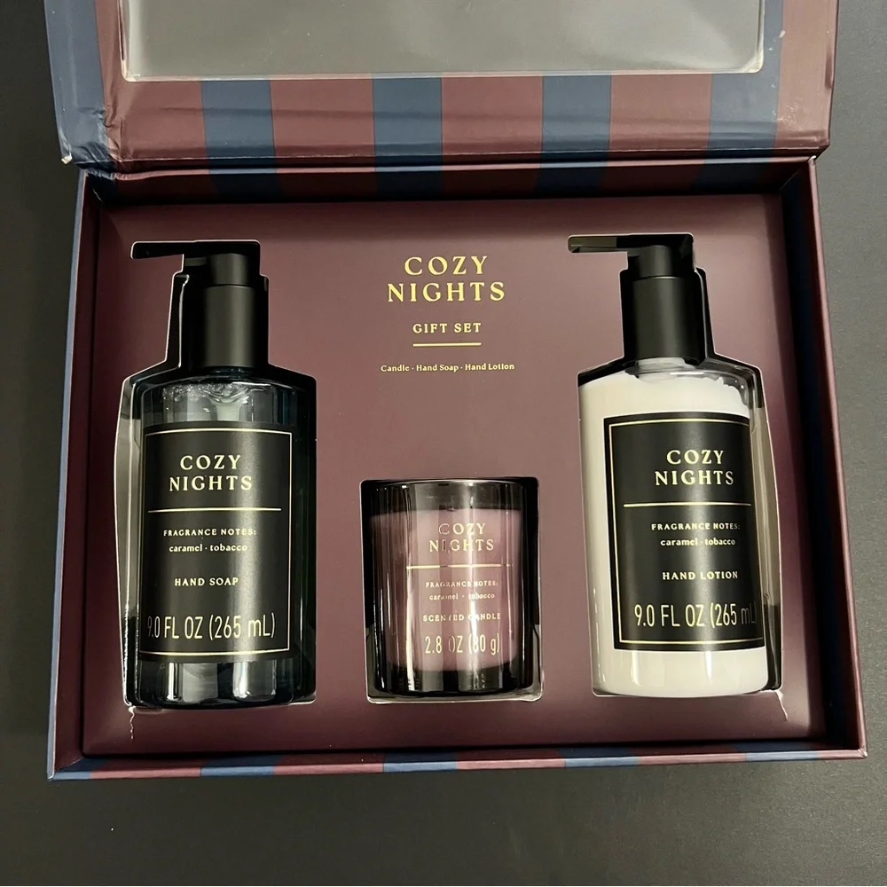 Cozy Nights Gift Set - Hand Soap, Candle & Hand Lotion - Caramel & Tobacco Scent